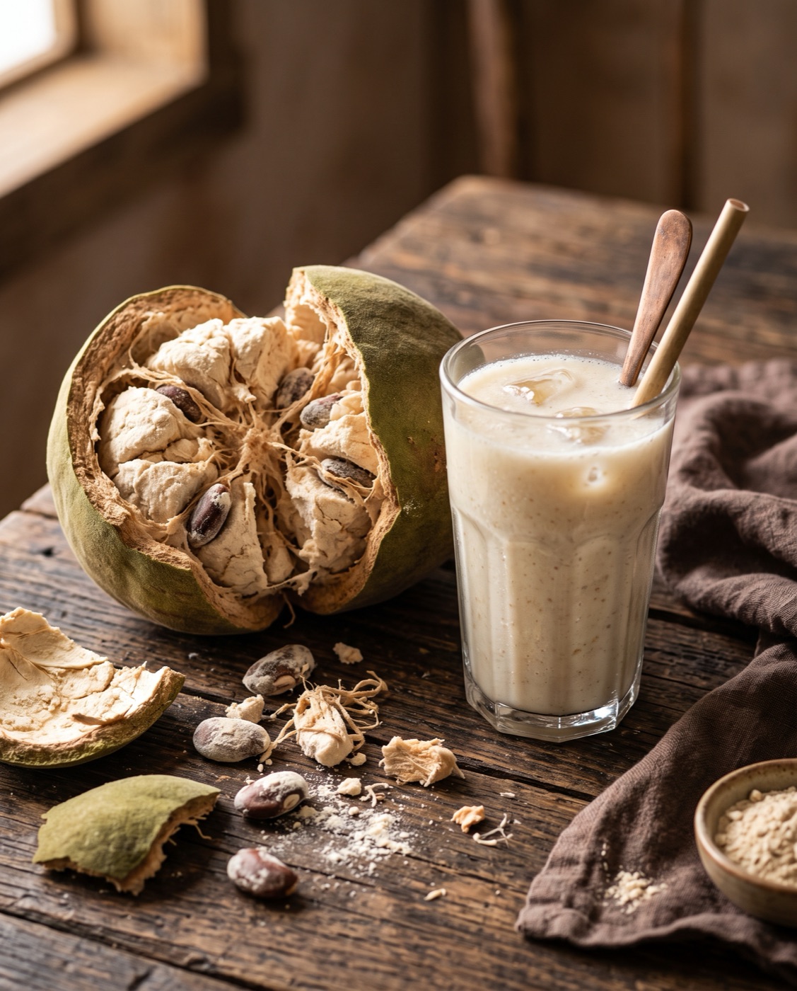 Baobab fruit split open beside a glass of creamy baobab drink