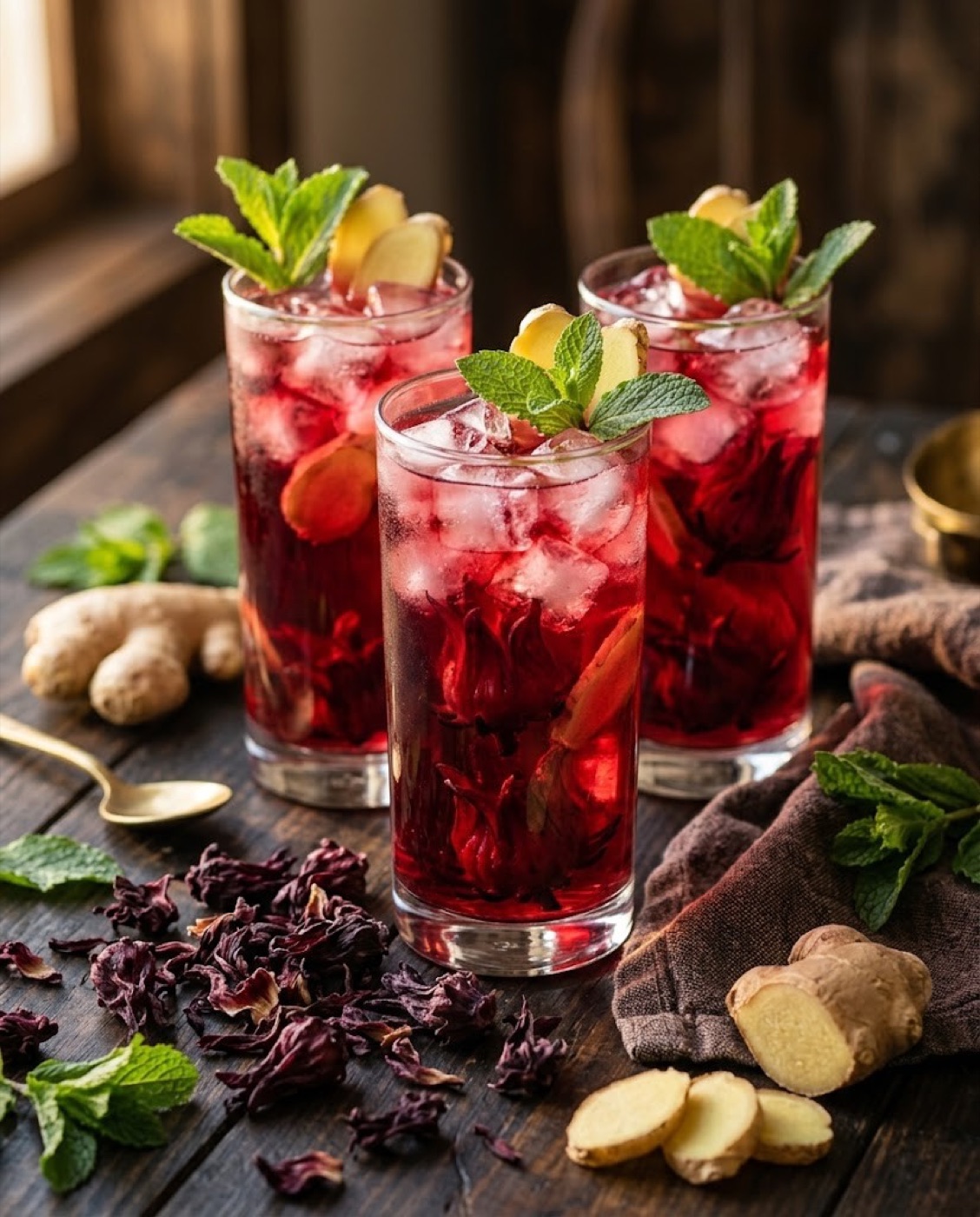 Glasses of deep red bissap with dried hibiscus calyces and mint