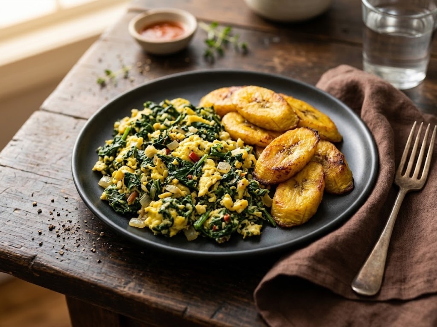 Plate of callaloo and egg scramble with baked plantain slices