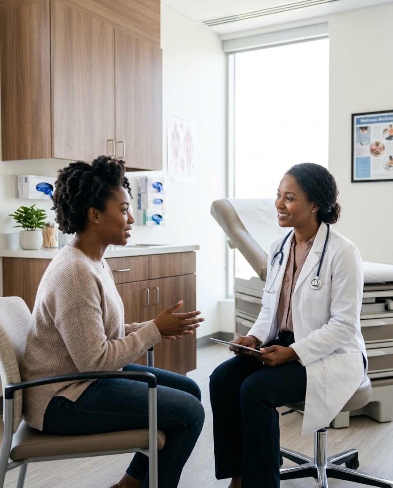 A Black woman patient talking with a Black woman doctor in a bright exam room