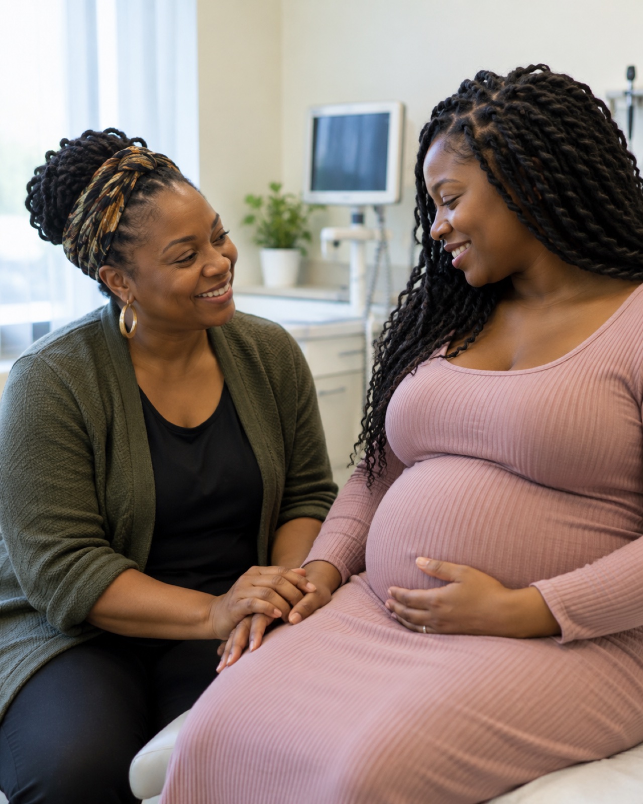 A Black doula supporting a laboring mother with a hand on her back in a hospital room