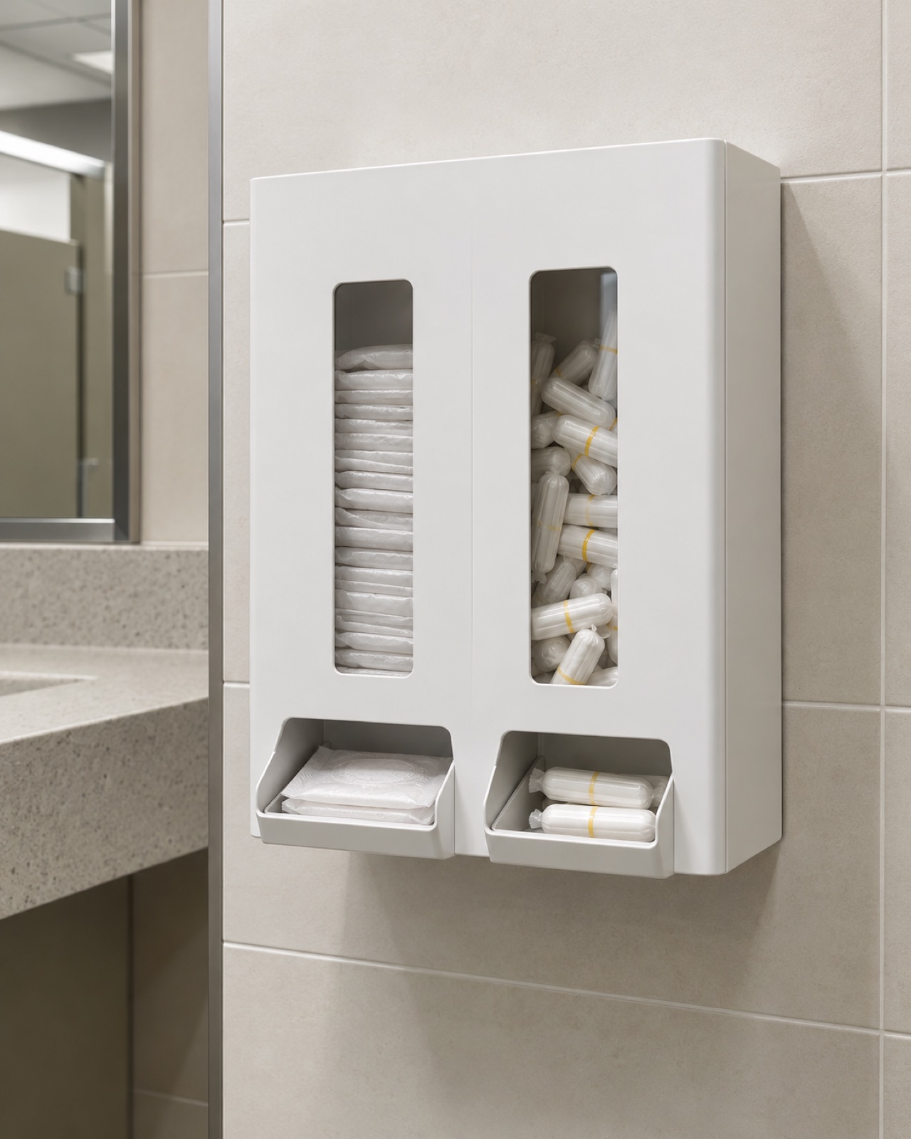 A free period product dispenser on a clean public restroom wall in a Philadelphia library