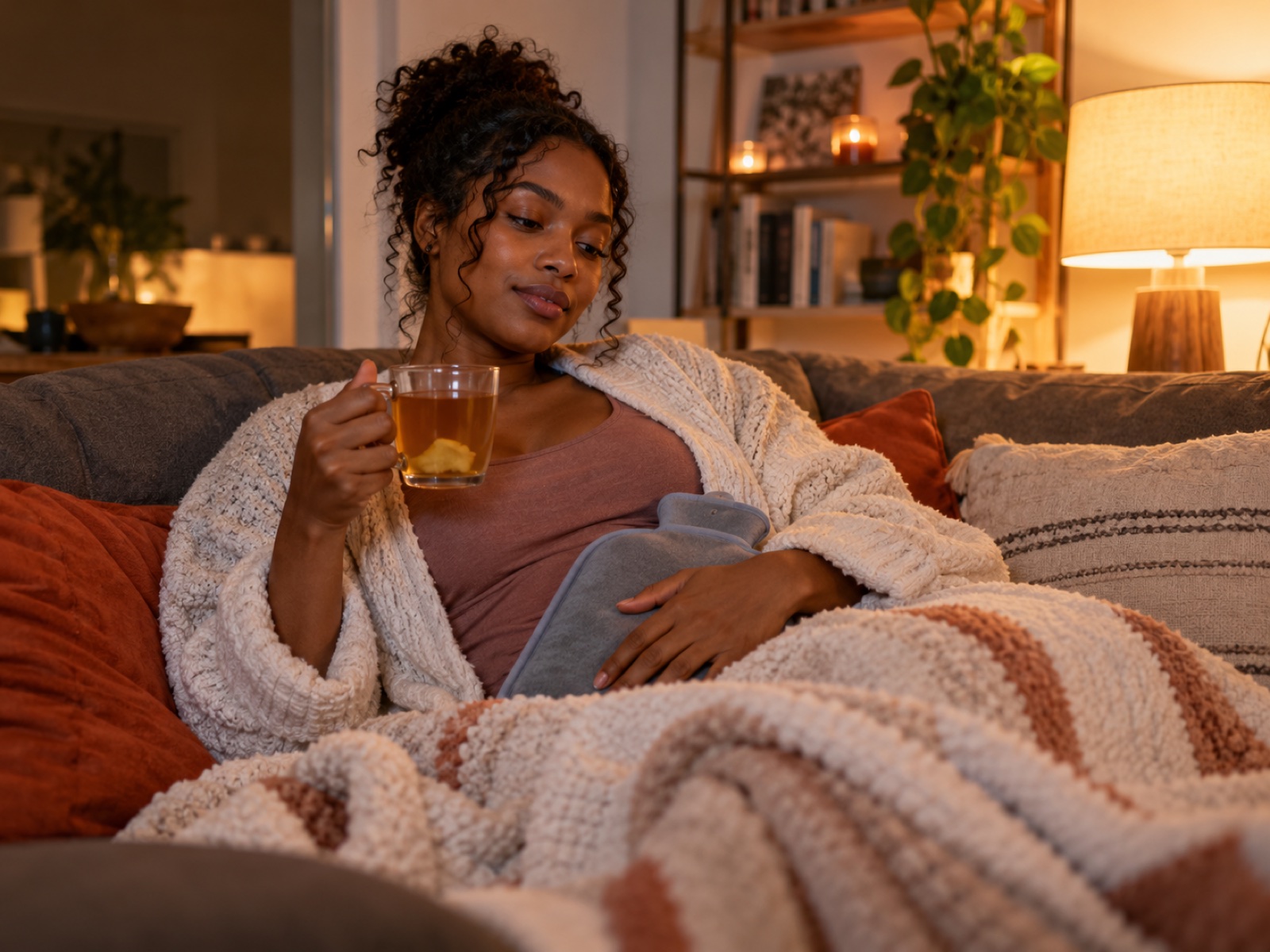 A Black woman in her twenties resting on a couch with a heating pad on her belly and a mug of ginger tea