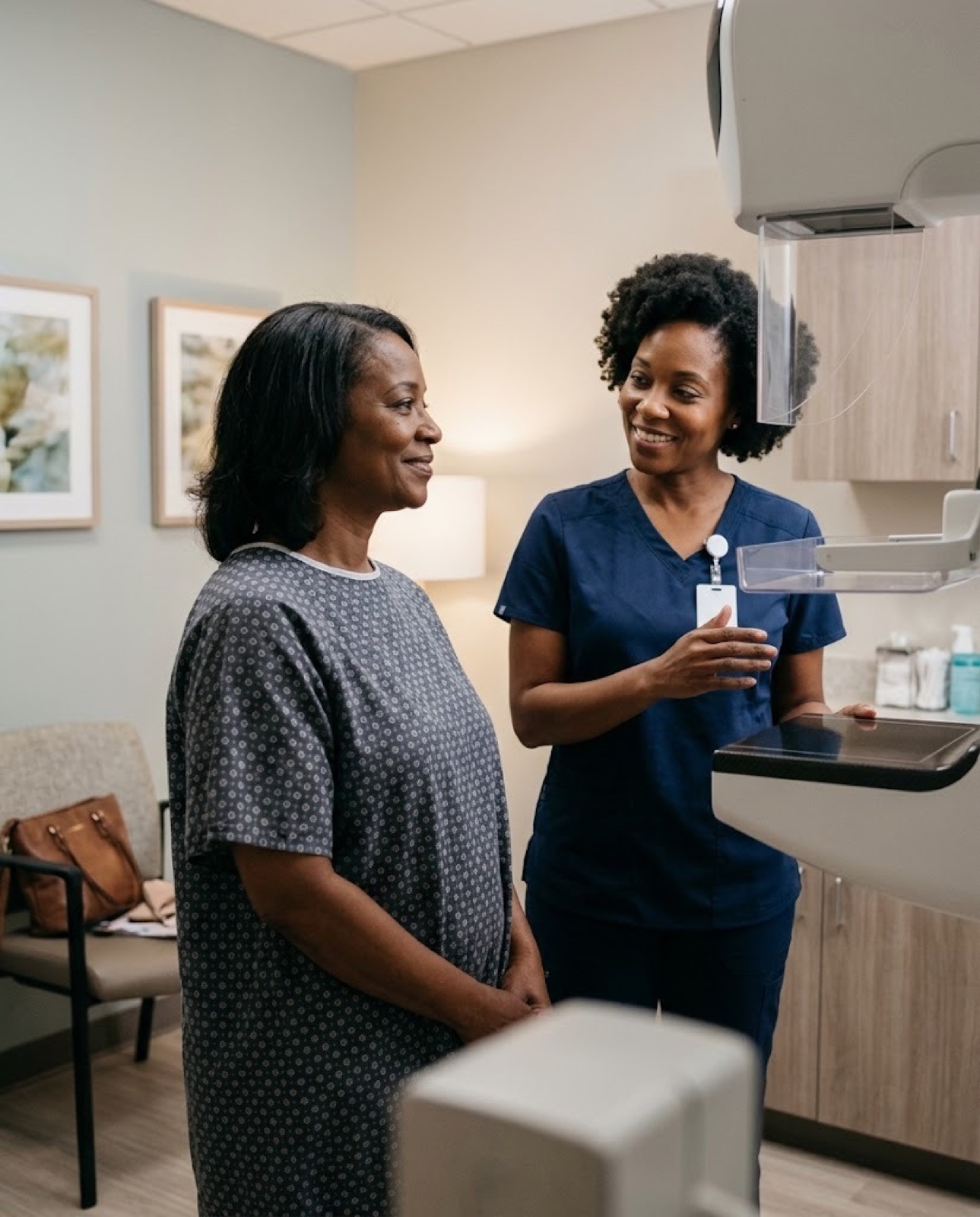 A Black woman in her fifties with a kind technician at a mammogram appointment