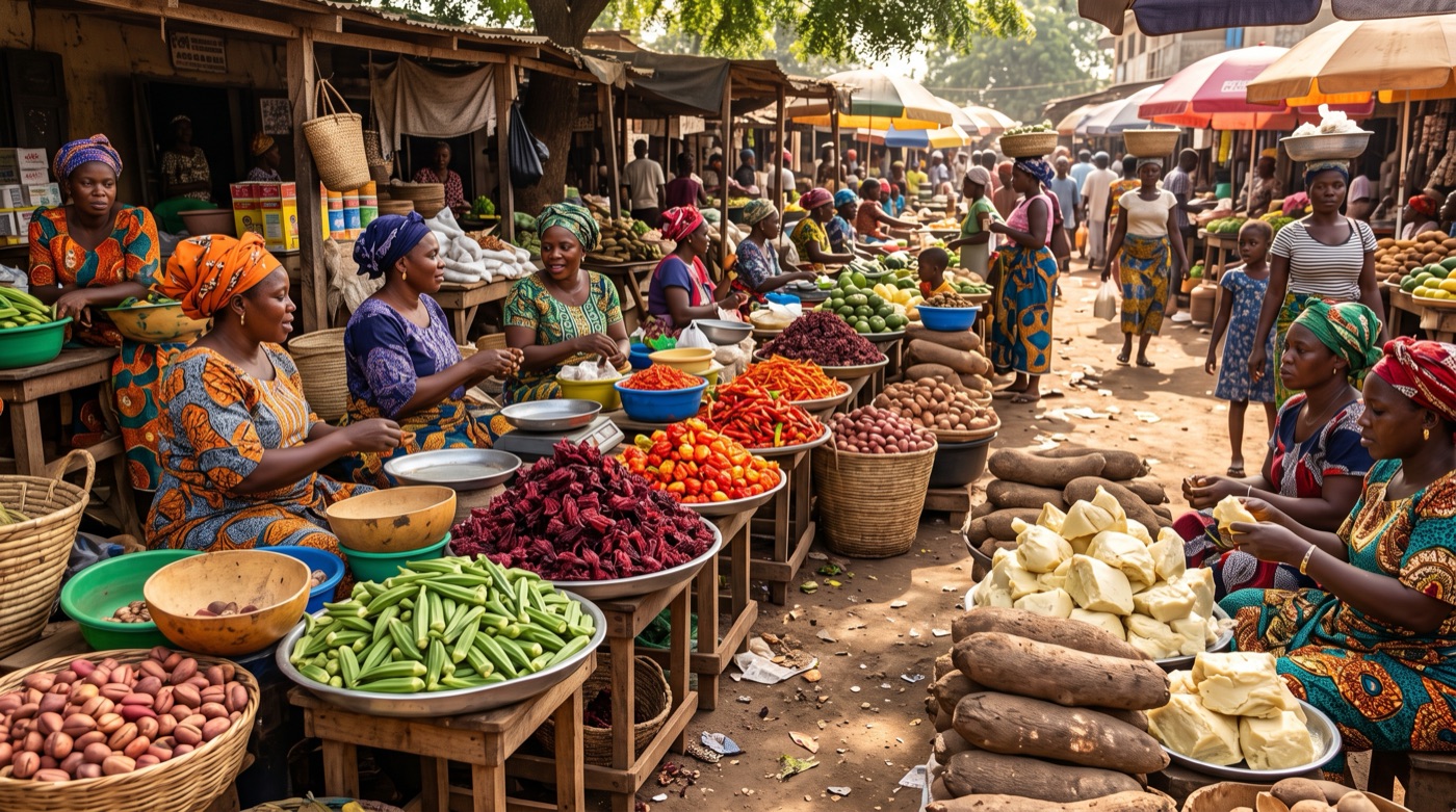 A busy West African market with women selling okra, hibiscus, peppers and shea