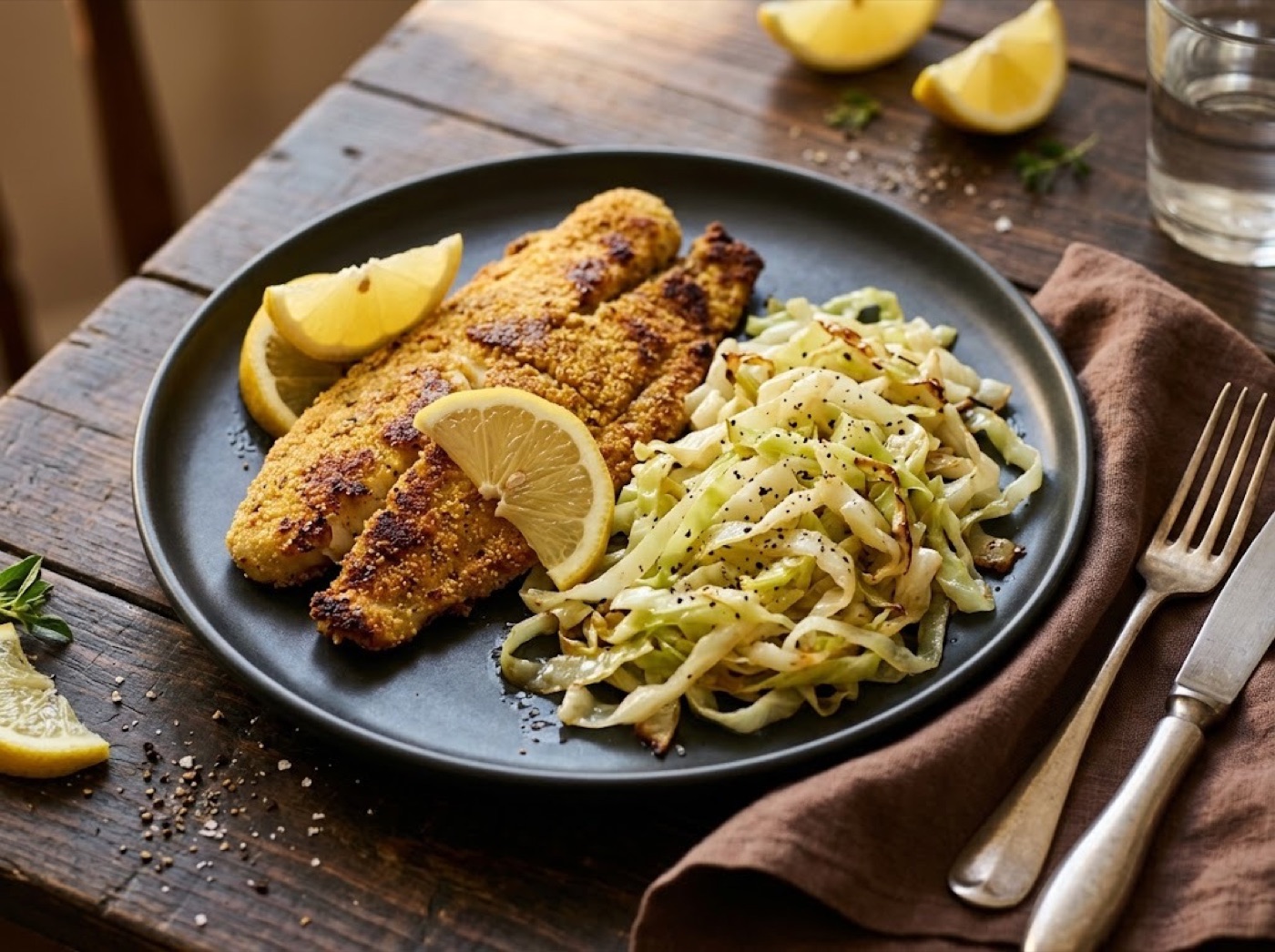Cornmeal-crusted oven-baked catfish with sautéed cabbage