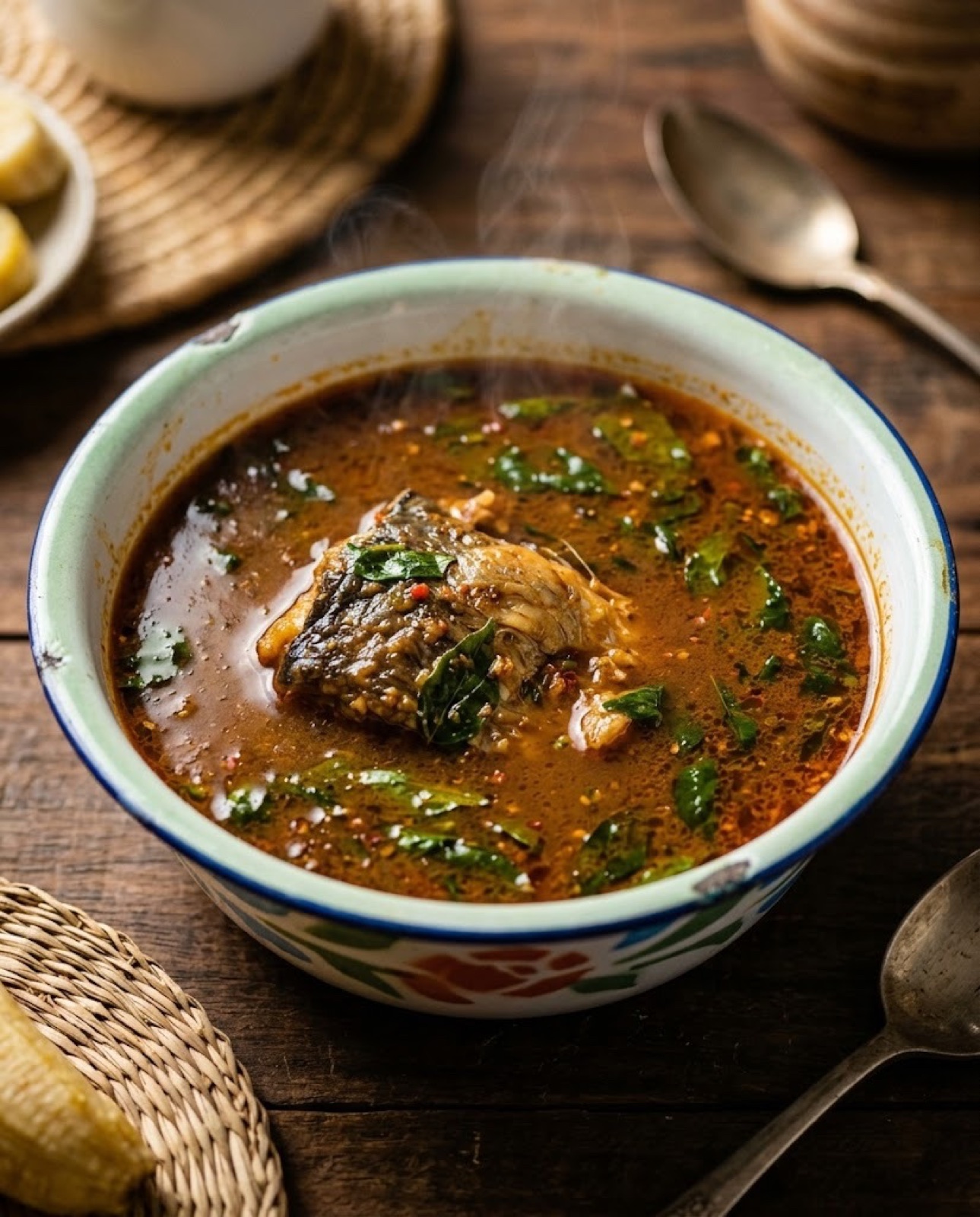 A bowl of West African pepper soup with fish and fresh herbs