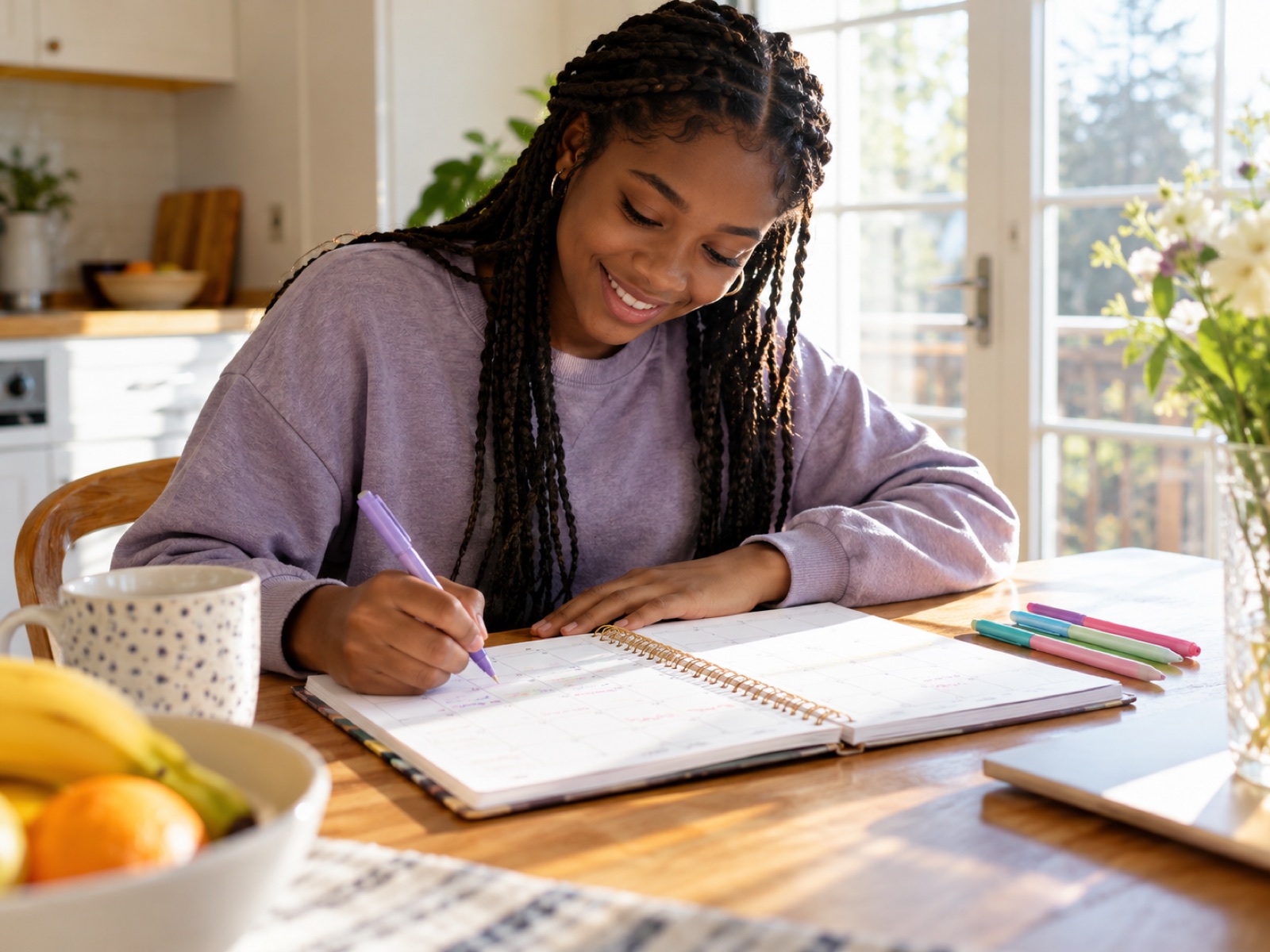 A teenage girl filling in a paper period calendar with colored pens