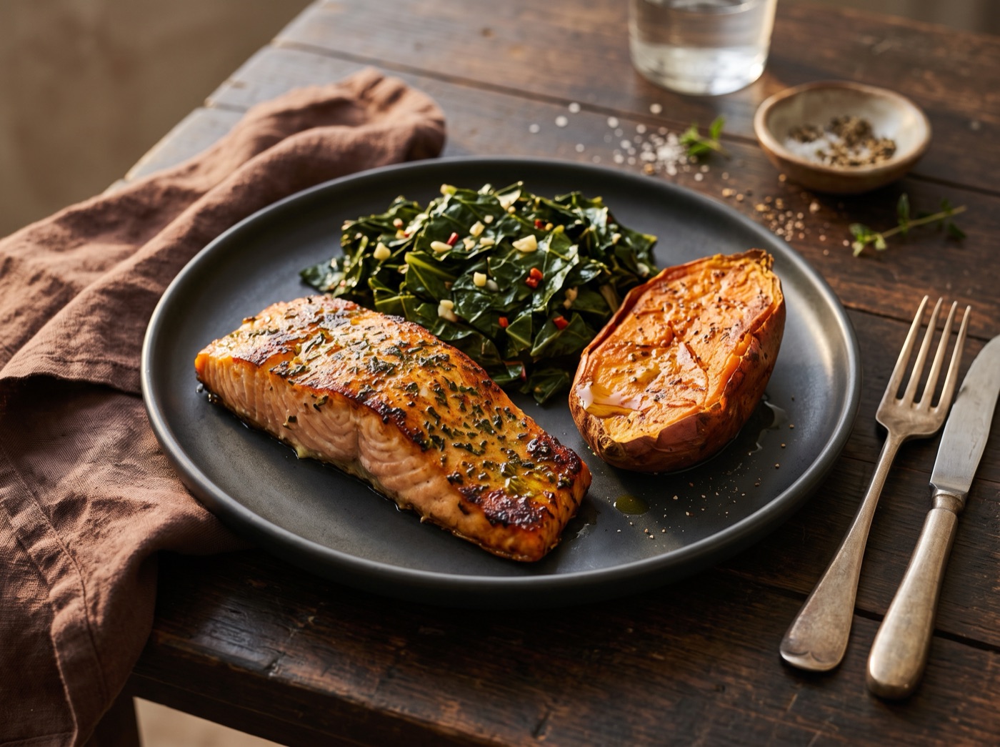 Baked salmon fillet with garlicky collard greens and sweet potato