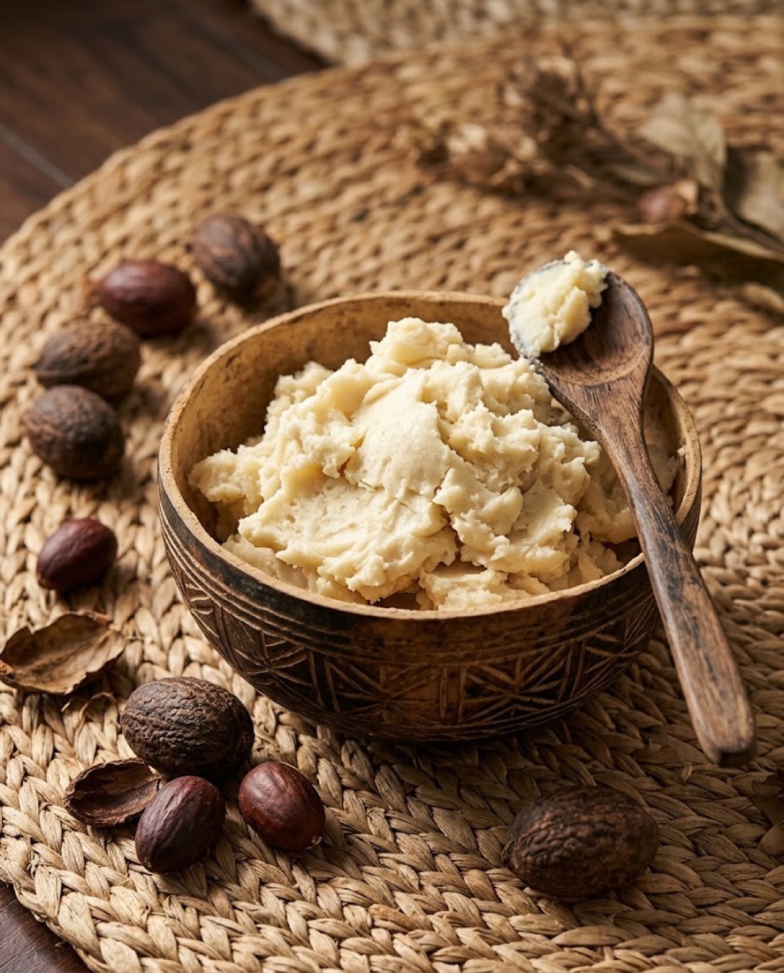 Raw shea butter in a calabash bowl with shea nuts