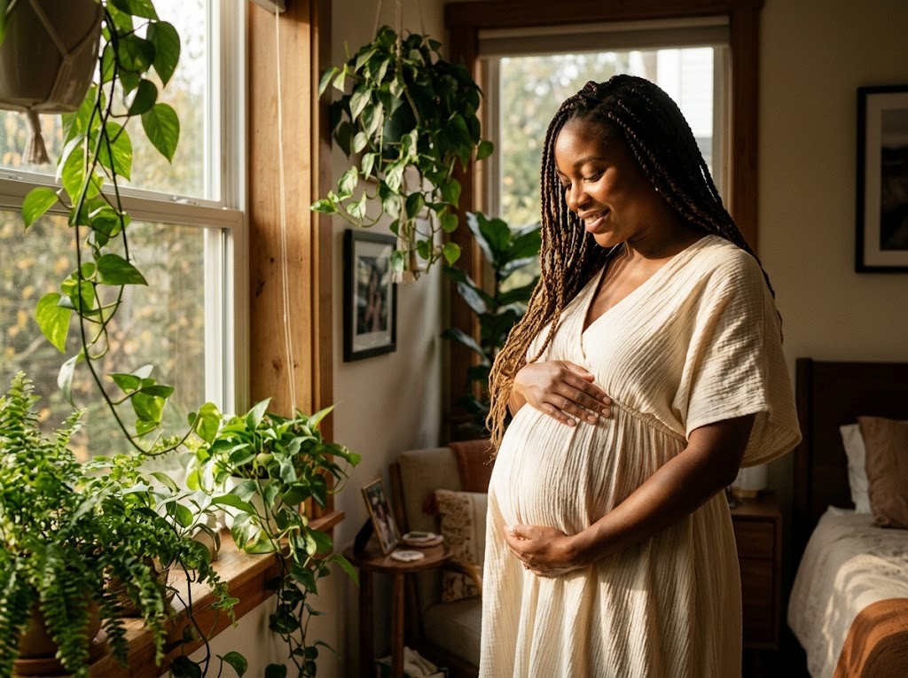 A pregnant Black woman in her thirties resting her hands on her belly