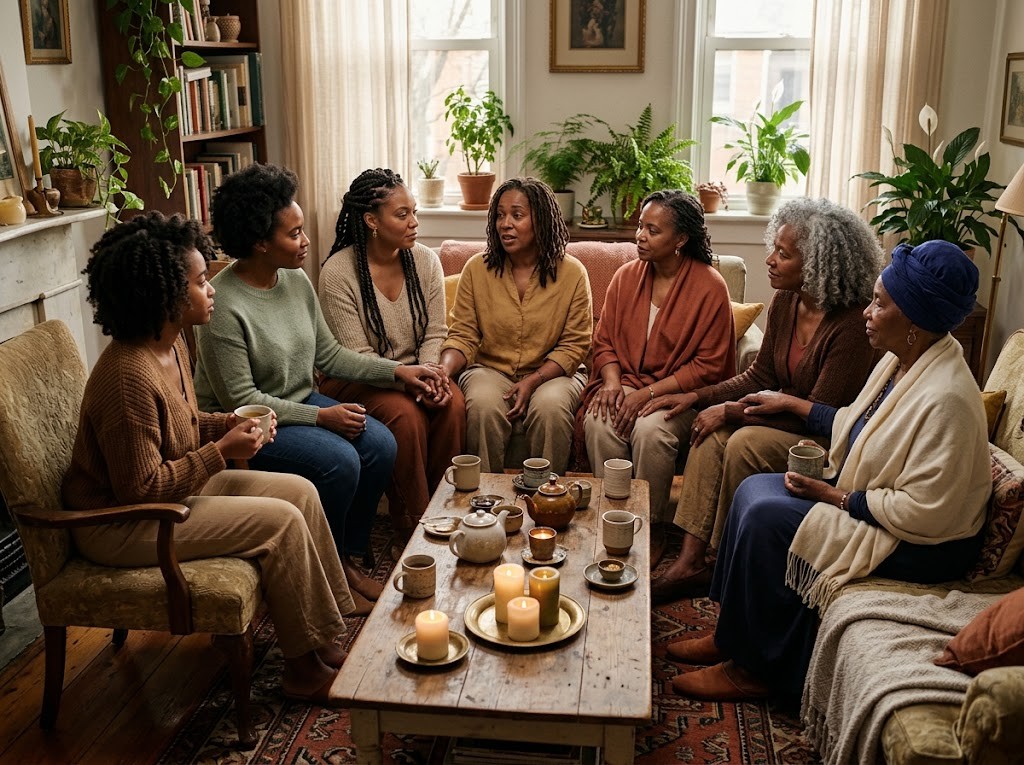 A circle of Black women of different ages talking and supporting one another