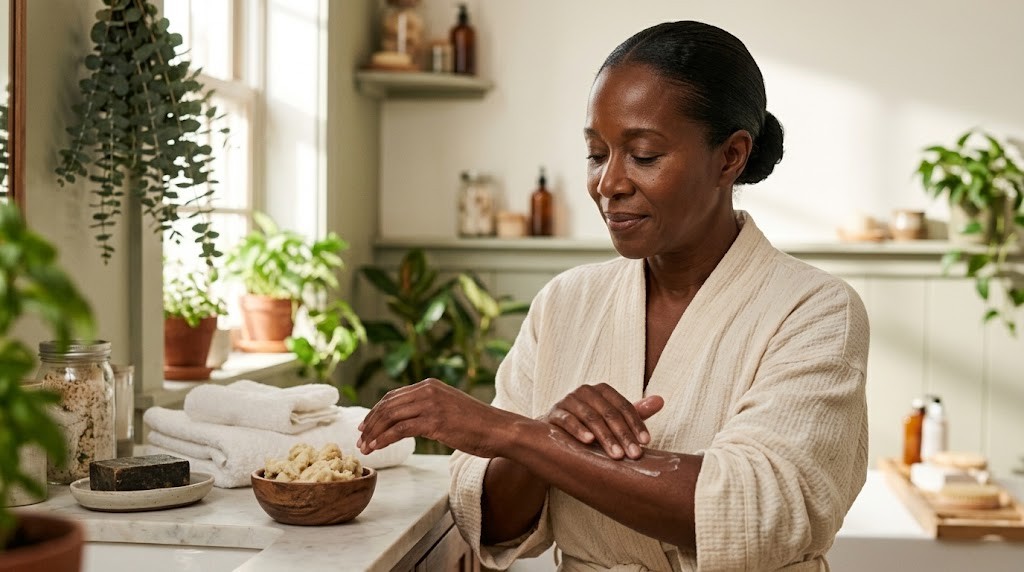 Woman in her forties smoothing shea butter onto her arms in a bright bathroom