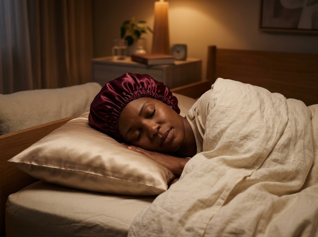 A woman sleeping peacefully in a satin bonnet