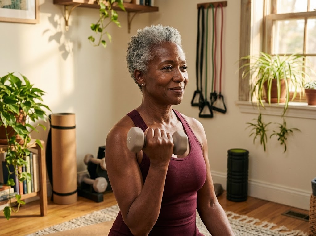 Woman in her sixties lifting light dumbbells at home