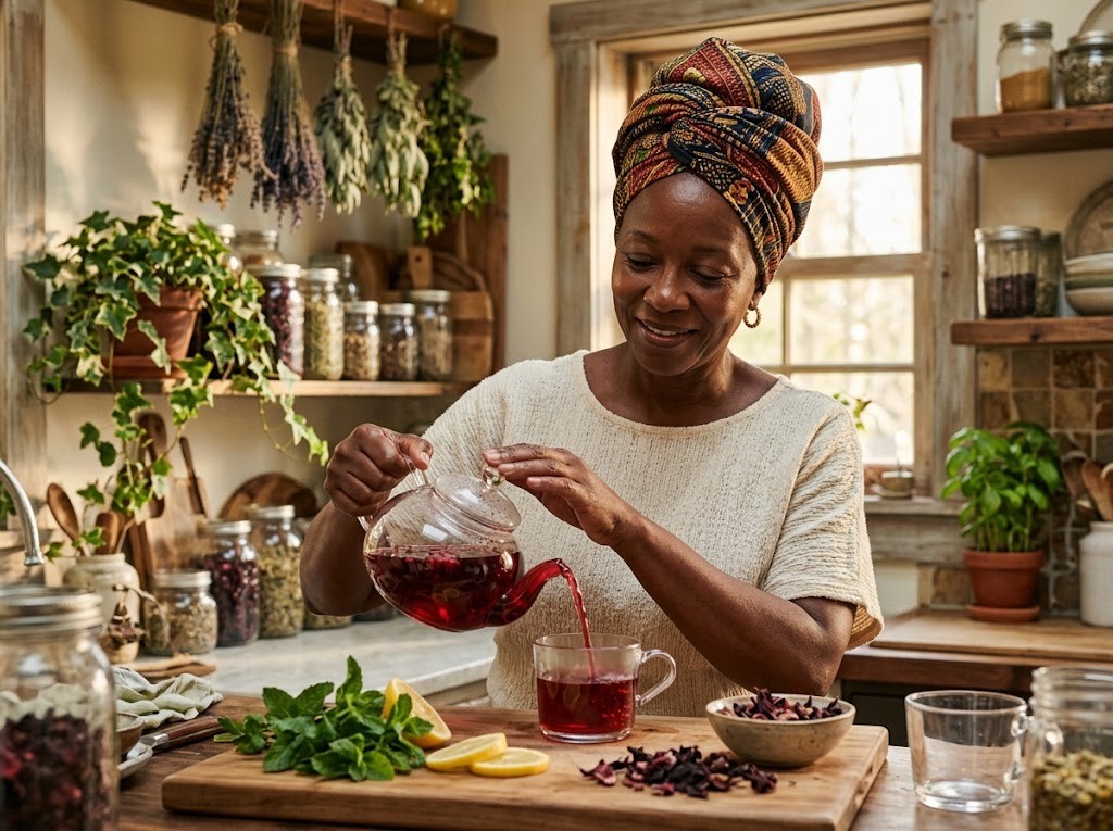 Woman in her fifties pouring hibiscus tea into a glass cup