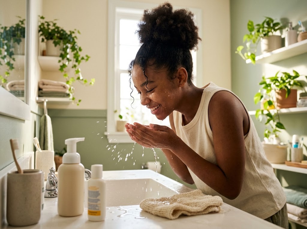 A teenage girl washing her face
