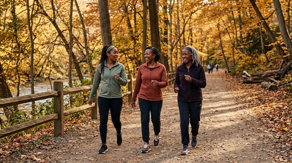 Group of Black women walking together on a path in a Philadelphia park